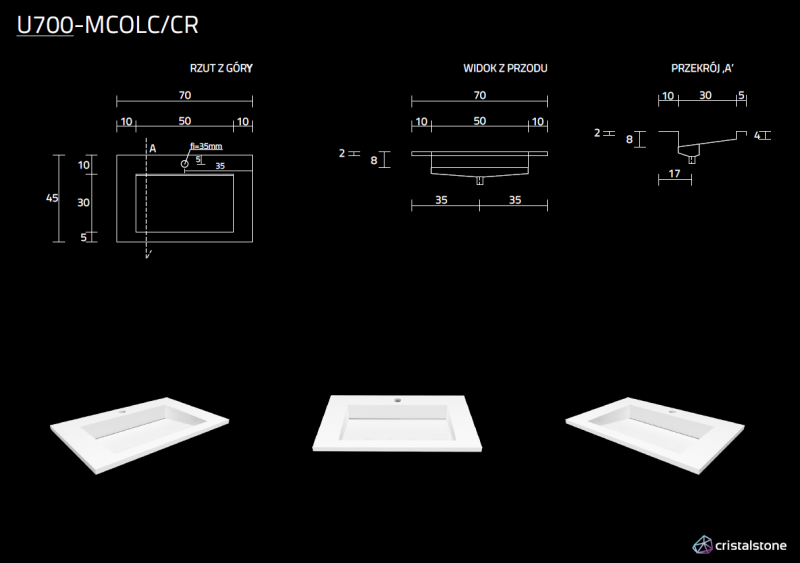 Cristalstone Linea Ideal umywalka meblowa 70x45 cm z odpływem liniowym biały satynowy mat U700-MCOLC/CR