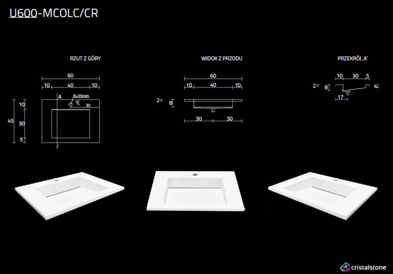 Cristalstone Linea Ideal umywalka meblowa 60x45 cm z odpływem liniowym biały satynowy mat U600-MCOLC/CR
