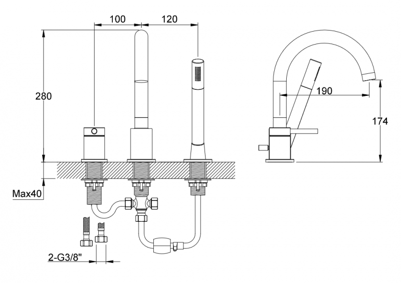 Kohlman Axel Black bateria wannowa 3-otworowa czarny mat QB241AB