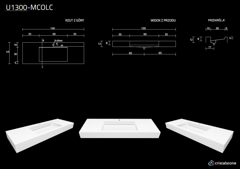 Cristalstone Linea Ideal umywalka 130x45 cm z odpływem liniowym biały satynowy mat U1300-MCOLC