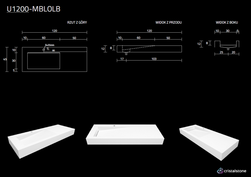 Cristalstone Linea Ideal umywalka 120x45 cm lewa z odpływem liniowym biały satynowy mat U1200-MBLOLB