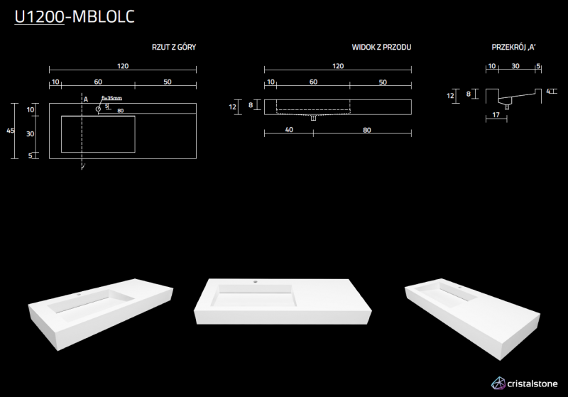Cristalstone Linea Ideal umywalka 120x45 cm lewa z odpływem liniowym biały satynowy mat U1200-MBLOLC