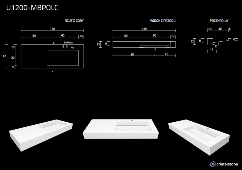 Cristalstone Linea Ideal umywalka 120x45 cm prawa z odpływem liniowym biały satynowy mat U1200-MBPOLC