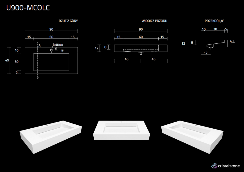 Cristalstone Linea Ideal umywalka 90x45 cm z odpływem liniowym biały satynowy mat U900-MCOLC