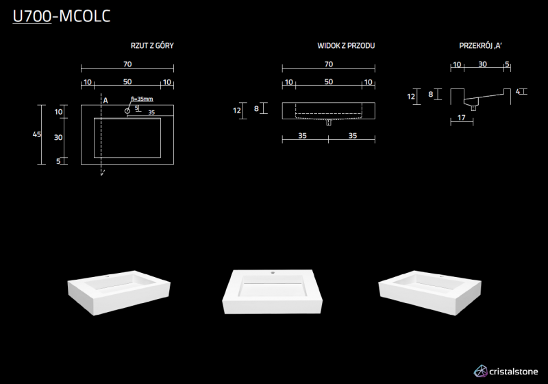 Cristalstone Linea Ideal umywalka 70x45 cm z odpływem liniowym biały satynowy mat U700-MCOLC