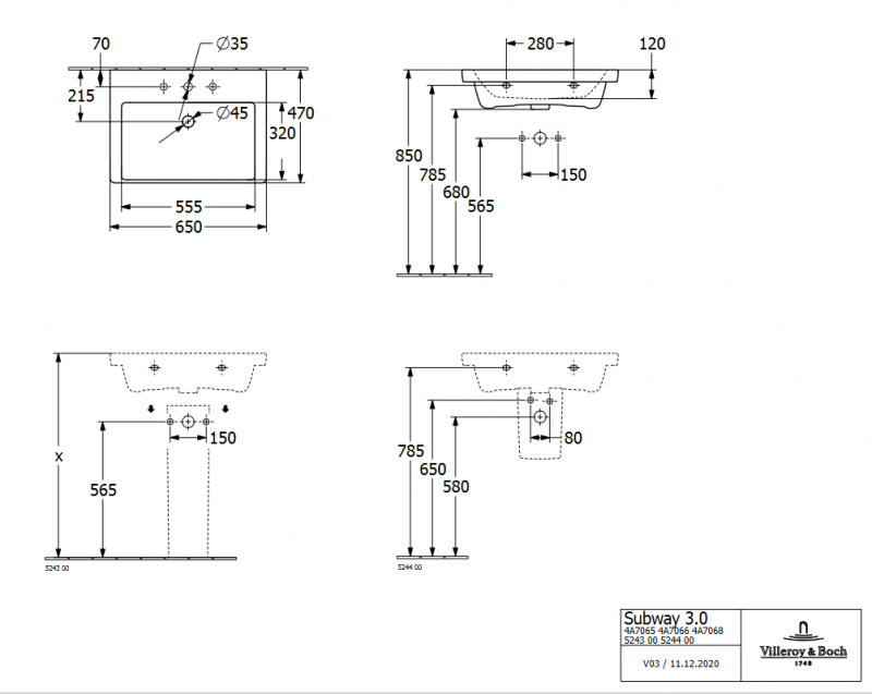 Villeroy&Boch Subway 3.0 umywalka meblowa 65x47 cm z przelewem weiss alpin 4A706501