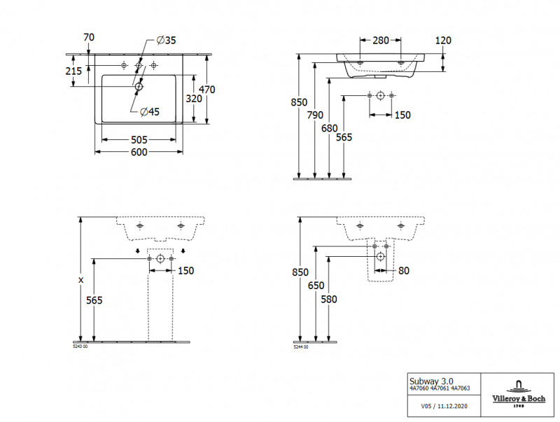 Villeroy&Boch Subway 3.0 umywalka meblowa 60X47 cm z przelewem weiss alpin 4A706001