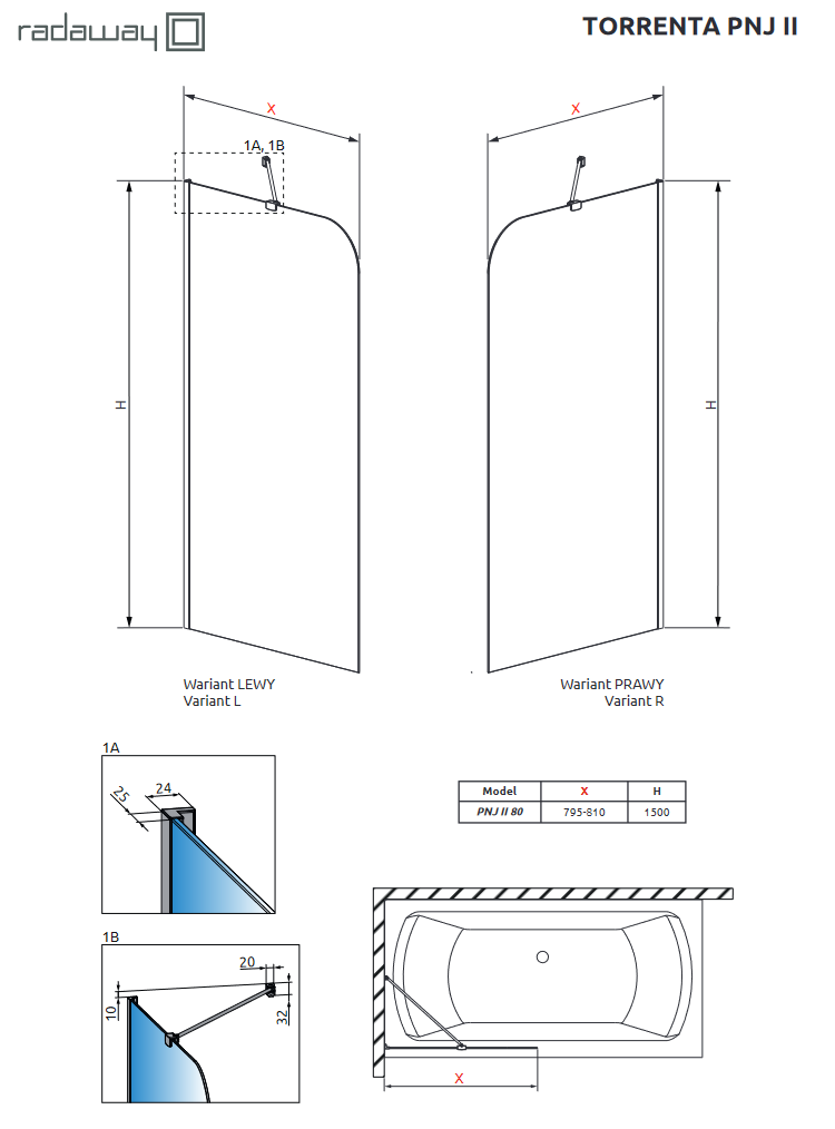Radaway Torrenta PNJ II parawan nawannowy jednoczęściowy 80cm lewy chrom przeźroczyste EasyClean 1201101-101L