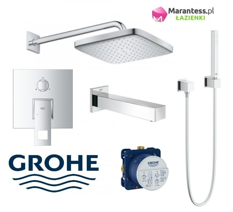 Grohe Eurocube zestaw wannowy trójdrożny podtynkowy z deszczownicą 25x25 cm Tempesta 250 Cube, słuchawką Euphoria i wylewką wannową kompletny 24094000WAN20