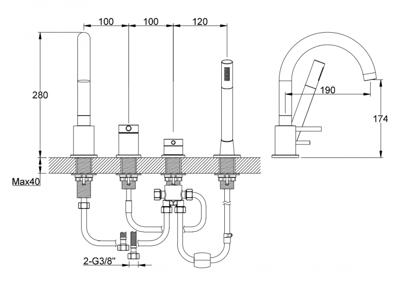 Kohlman Axel Gold bateria wannowa 4-otworowa złoty połysk QB244AGD