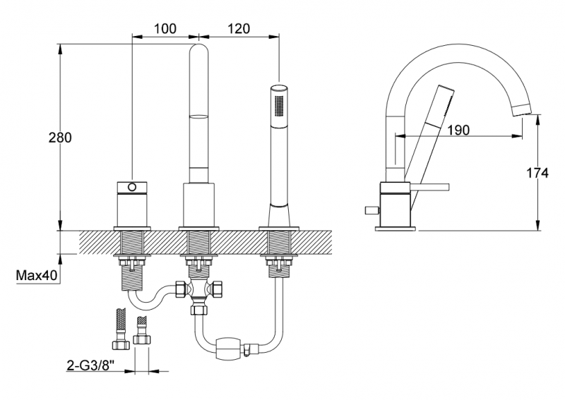Kohlman Axel Gold bateria wannowa 3-otworowa złoty połysk QB241AGD