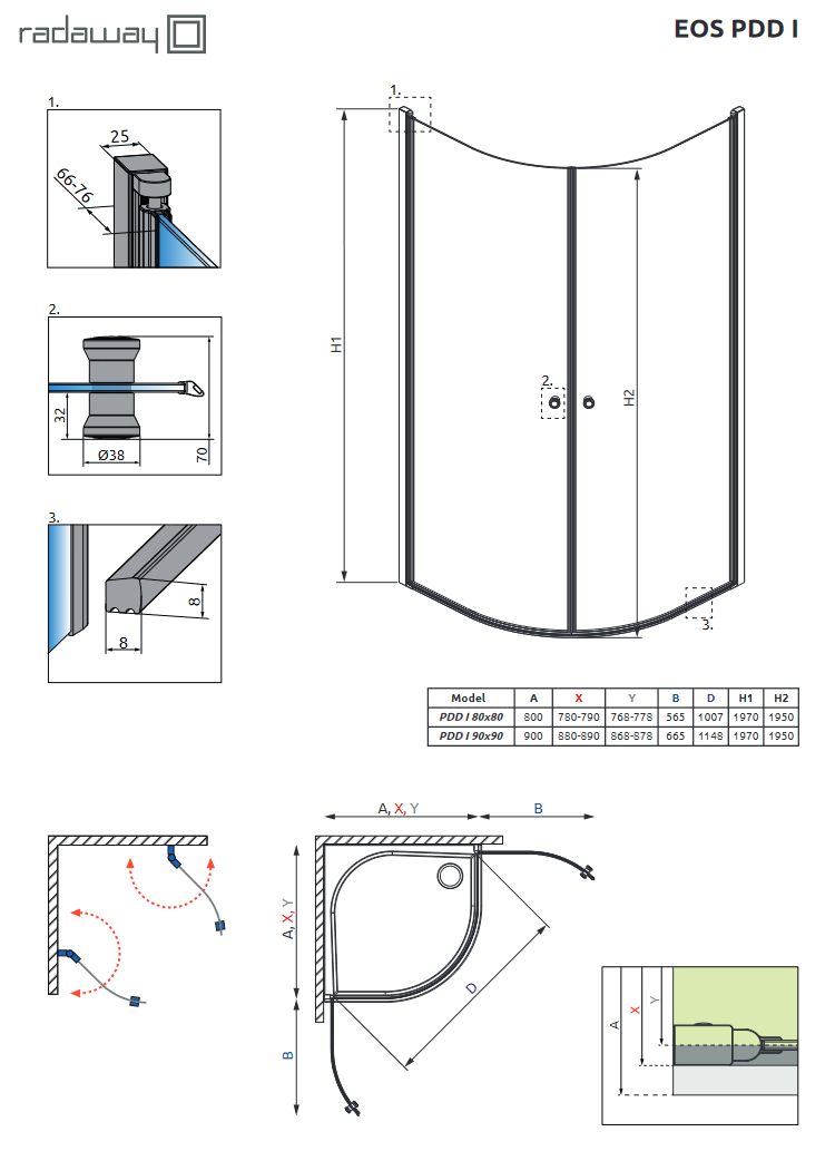 Radaway Eos PDD I kabina półokrągła 90x90 drzwi wahadłowe chrom przeźroczyste Easy Clean 137603-01-01