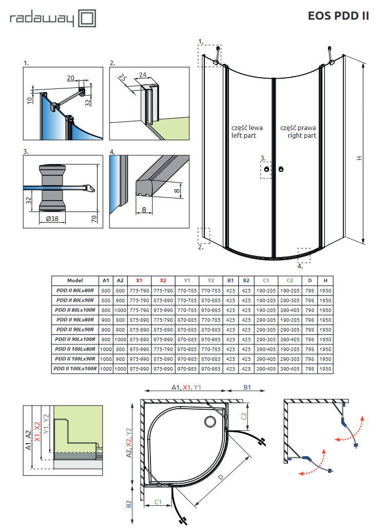 Radaway Eos PDD II kabina półokrągła asymetryczna 100Lx90R drzwi wahadłowe chrom przeźroczyste Easy Clean 13799472-01L + 13799471-01R
