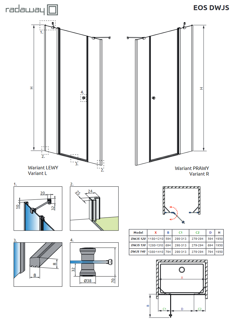Radaway Eos DWJS drzwi do wnęki wahadłowe 140 cm lewe chrom przeźroczyste Easy Clean 13799456-01L