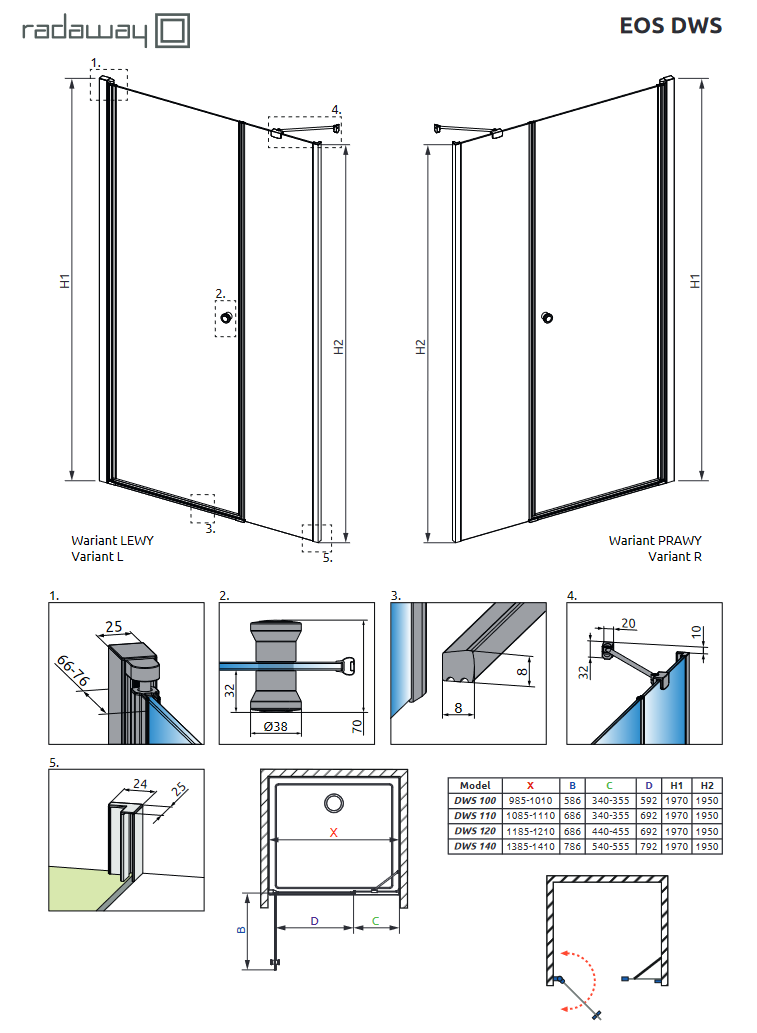 Radaway Eos DWS drzwi do wnęki wahadłowe 120 cm lewe chrom przeźroczyste Easy Clean 137992-01-01L