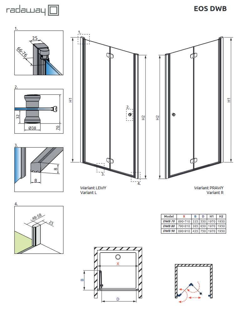 Radaway Eos DWB drzwi do wnęki składane 80 cm prawe chrom przeźroczyste Easy Clean 137813-01-01R