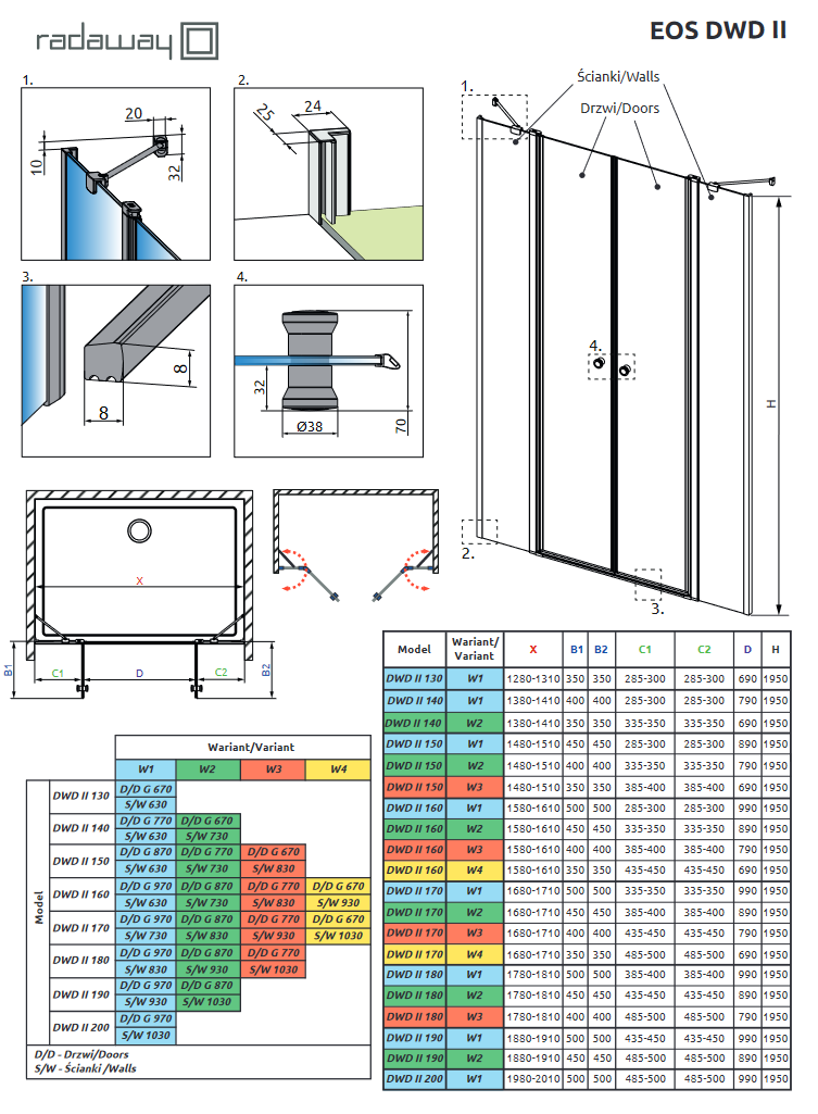 Radaway Eos DWD II drzwi do wnęki wahadłowe 160 cm chrom przeźroczyste Easy Clean 13799970-01-01 + 13799630-01-01