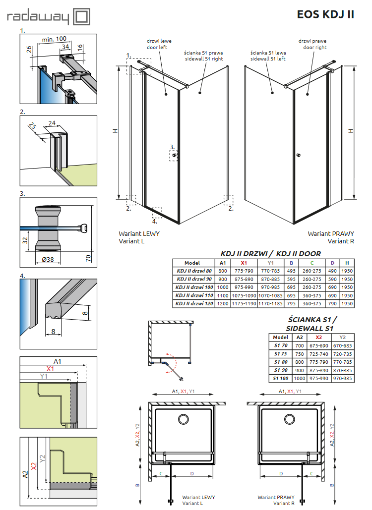 Radaway Eos KDJ II kabina prostokątna 80x90 drzwi wahadłowe prawe 80 i ścianka 90 chrom przeźroczyste Easy Clean 13799420-01R + 13799411-01