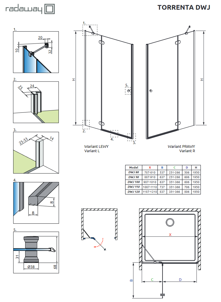 Radaway Torrenta DWJ drzwi do wnęki otwierane 120 cm lewe chrom przeźroczyste Easy Clean 131930-01-01
