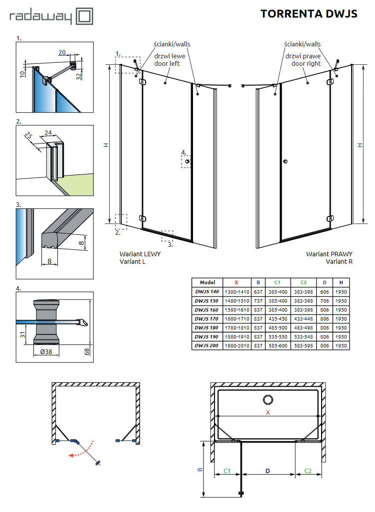 Radaway Torrenta DWJS drzwi do wnęki otwierane 170 cm lewe chrom przeźroczyste Easy Clean 1320812-01-01L + 1320420-01-01