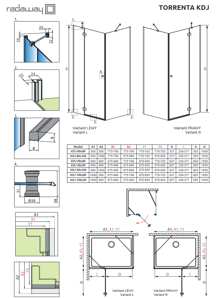 Radaway Torrenta KDJ kabina prostokątna 100x80 drzwi otwierane lewe 100 + ścianka 80 chrom przeźroczyste Easy Clean 132242-01-01L