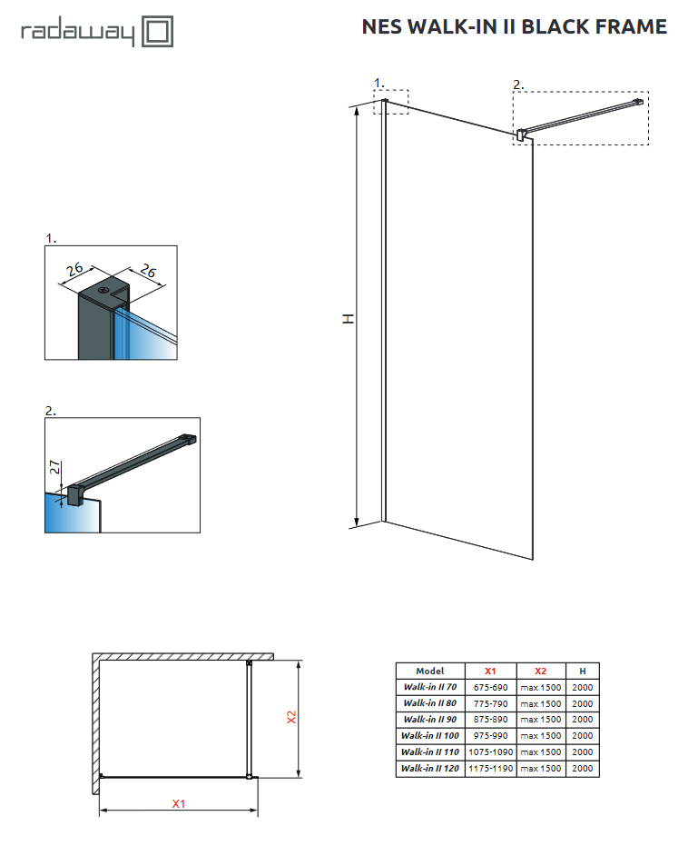 Radaway Nes Black Walk-In II Frame kabina typu Walk-In ścianka 100 cm L/P czarny przeźroczyste Easy Clean 10013100-54-56