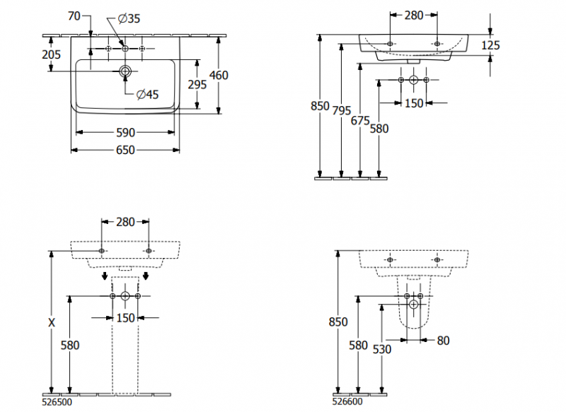 Villeroy&Boch O.Novo umywalka wisząca bez przelewu 65x46 cm biała Weiss Alpin CeramicPlus 4A4166R1