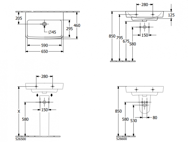 Villeroy&Boch O.Novo umywalka wisząca bez otworu na baterię bez przelewu 65x46 cm biała Weiss Alpin CeramicPlus 4A4168R1