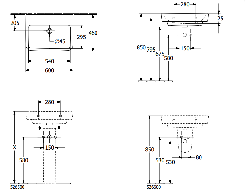 Villeroy&Boch O.Novo umywalka wisząca bez otworu na baterię bez przelewu 60x46 cm biała Weiss Alpin 4A416301