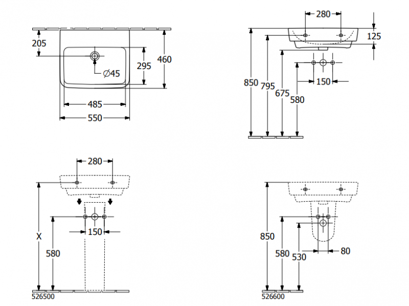 Villeroy&Boch O.Novo umywalka wisząca bez otworu na baterię z przelewem 55x46 cm biała Weiss Alpin 4A415701
