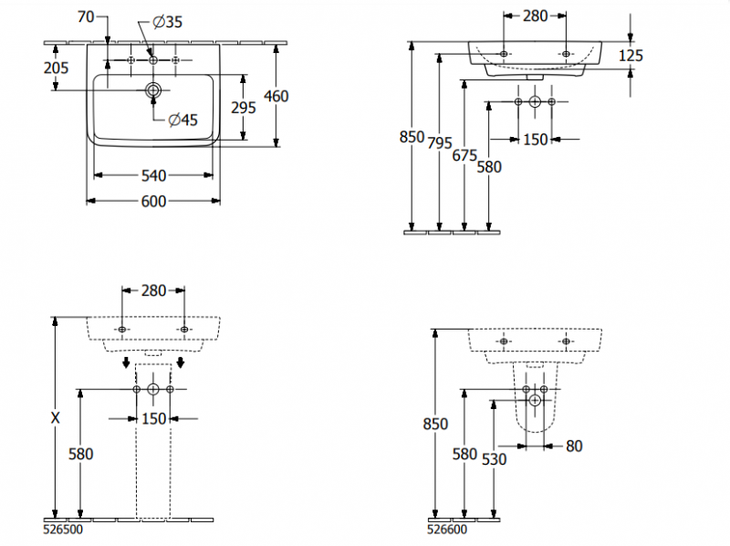 Villeroy&Boch O.Novo umywalka wisząca z przelewem 60x46 cm biała Weiss Alpin CeramicPlus 4A4160R1