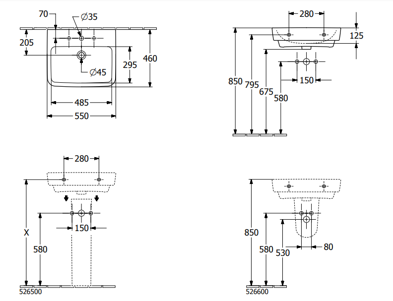Villeroy&Boch O.Novo umywalka wisząca bez przelewu 55x46 cm biała Weiss Alpin CeramicPlus 4A4156R1