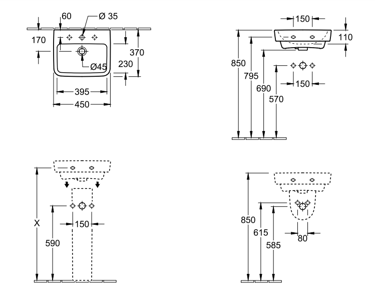 Villeroy&Boch O.Novo umywalka wisząca z przelewem 45x37 cm biała Weiss Alpin CeramicPlus 434445R1