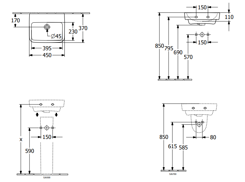 Villeroy&Boch O.Novo umywalka wisząca bez otworu na baterię bez przelewu 45x37 cm biała Weiss Alpin CeramicPlus 434448R1