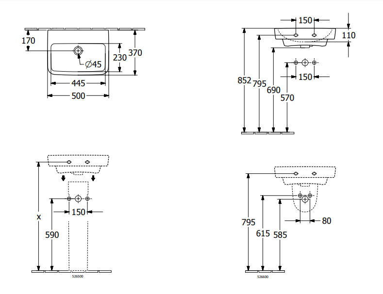 Villeroy&Boch O.Novo umywalka wisząca bez otworu na baterię bez przelewu 50x37 cm biała Weiss Alpin 43445301