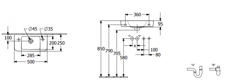 Villeroy&Boch O.Novo umywalka wisząca asymetryczna 50x25 cm prawa biała Weiss Alpin CeramicPlus 4342R5R1