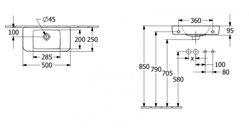 Villeroy&Boch O.Novo umywalka wisząca mała bez otworu na baterię bez przelewu 50x25 cm biała Weiss Alpin 43425301