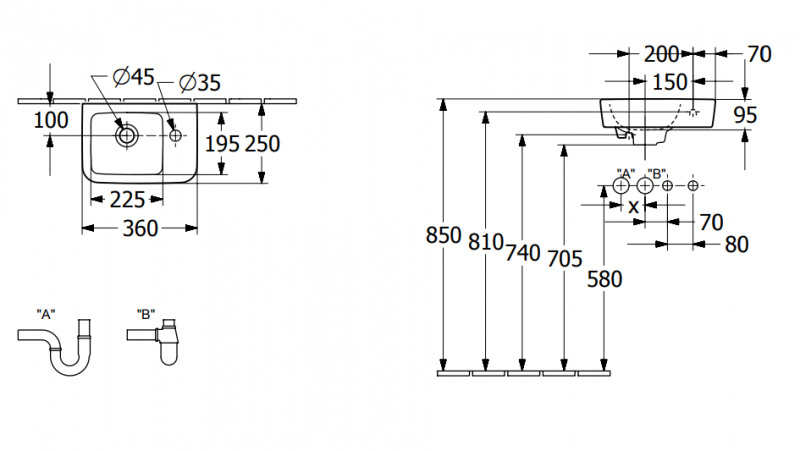 Villeroy&Boch O.Novo umywalka wisząca asymetryczna bez przelewu 36x25 cm biała Weiss Alpin CeramicPlus 434337R1