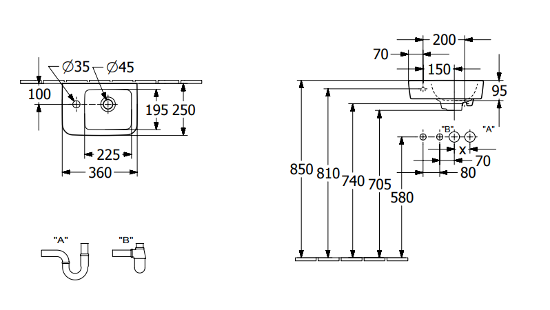 Villeroy&Boch O.Novo umywalka wisząca asymetryczna z przelewem 36x25 cm biała Weiss Alpin 43423601