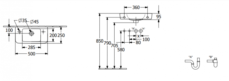 Villeroy&Boch O.Novo umywalka wisząca asymetryczna 50x25 cm lewa biała Weiss Alpin 4342L501