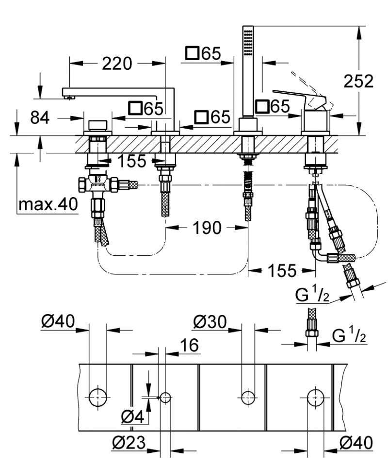 Grohe Eurocube bateria wannowa czterootworowa chrom 19897001