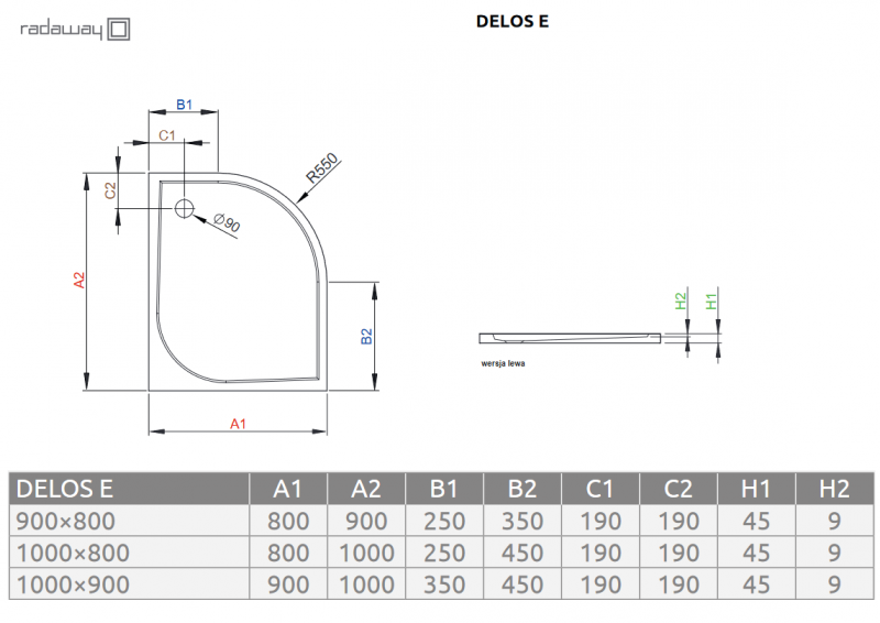 Radaway Delos E brodzik półokrągły asymetryczny 100x80 lewy SDE1080-01L