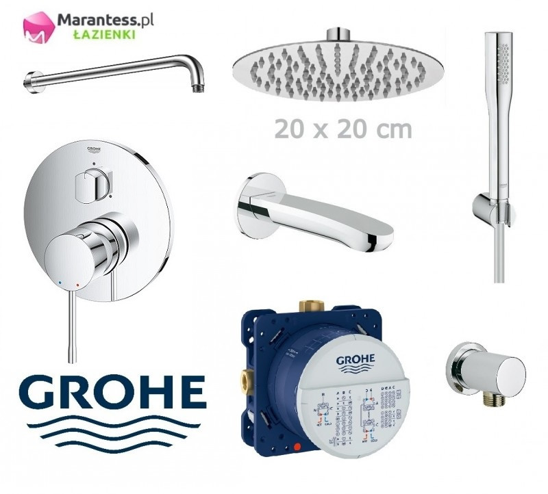 Grohe Essence zestaw podtynkowy z deszczownicą Hydroland 20x20 cm, słuchawką i wylewką wannową kompletny 24092001WAN08