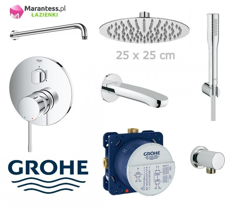 Grohe Essence zestaw podtynkowy z deszczownicą Hydroland 25x25 cm, słuchawką i wylewką wannową kompletny 24092001WAN09