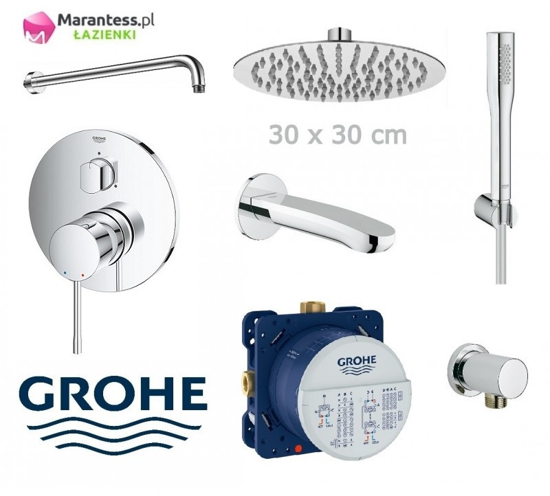 Grohe Essence zestaw podtynkowy z deszczownicą Hydroland 30x30 cm, słuchawką i wylewką wannową kompletny 24092001WAN10