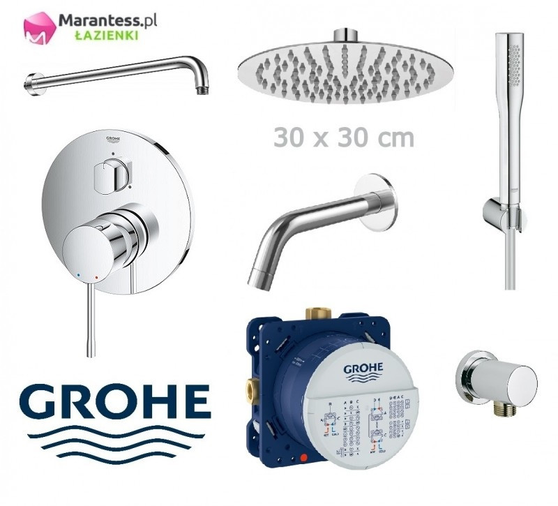 Grohe Essence zestaw podtynkowy z deszczownicą Hydroland 30x30 cm, słuchawką i wylewką wannową kompletny 24092001WAN07