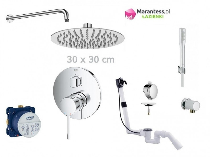 Grohe Essence zestaw podtynkowy z deszczownicą Hydroland 30x30 cm, słuchawką i syfonem z napełnianiem przez przelew kompletny 24092001WAN14