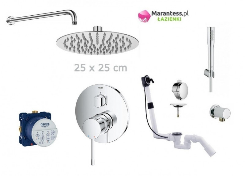 Grohe Essence zestaw podtynkowy z deszczownicą Hydroland 25x25 cm, słuchawką i syfonem z napełnianiem przez przelew kompletny 24092001WAN13