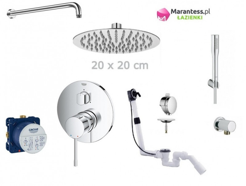 Grohe Essence zestaw podtynkowy z deszczownicą Hydroland 20x20 cm, słuchawką i syfonem z napełnianiem przez przelew kompletny 24092001WAN12