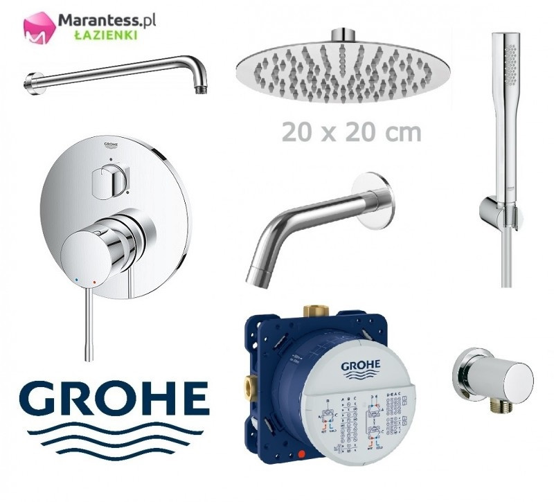 Grohe Essence zestaw podtynkowy z deszczownicą Hydroland 20x20 cm, słuchawką i wylewką wannową kompletny 24092001WAN05